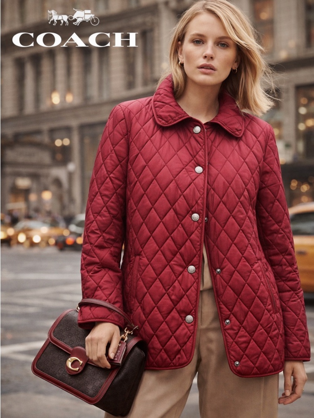 Coach Red Diamond Quilted Jacket Signature Lining Lightweight Classic Coat